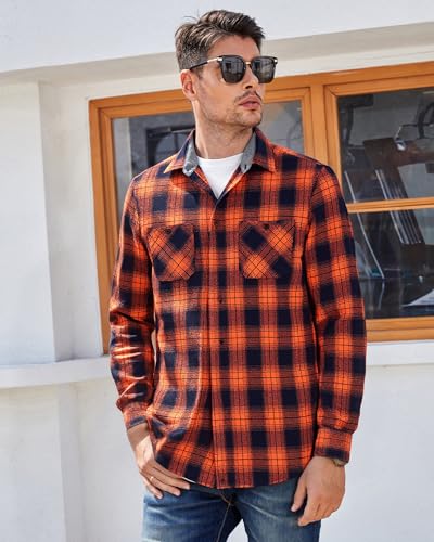 Image of WARHORSEE Flannel Shirt for Men Long Sleeve Button Down Plaid Shirts | Soft Cotton Blend for Multi-season Wear, Lightweight yet Warm, Dual buttoned storage pockets, Machine Washable Easy Care