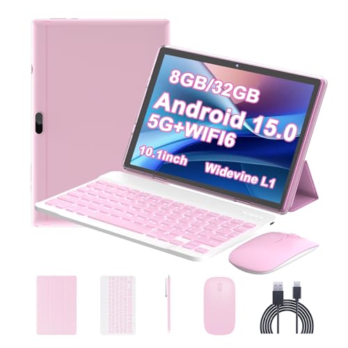 Image of 10.1 inch Android 12 tablet, 2 in 1 tablets, 4GB RAM+64GB ROM Quad-Core Processor, 1280 x 800 FHD Tablet with Keyboard /Mouse /Case /Stylus /Tempered Film, 8MP Dual Camera 6000