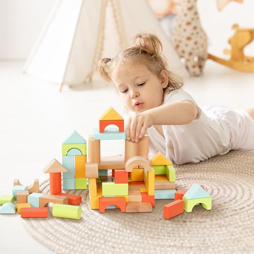 image for MEEYOO 100pcs Wooden Blocks for Toddlers 1-3, Building Blocks for Todd