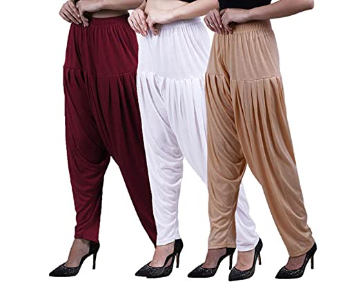 Image of Casuals Women's Regular Fit Viscose Drawstring Patiala Harem Pants Combo Pack 3 (Maroon :: White :: Light Skin,XXL)