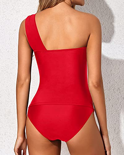 image for Tempt Me Red Two Piece Tankini Bathing Suits for Women One Shoulder Sw