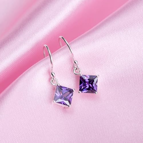 925 Silver Purple CZ Rhodium Fish Hook Earrings Hallmark