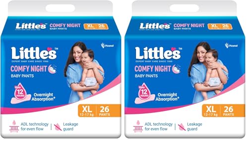 Image of Little's Baby Diapers XL Size (Extra Large) Pants Style | 12-17 kg | 26 Count | Comfy Nights Baby Diaper Pants with Leakage Guard & Upto 12 Hours Absorption (26 Count, Pack of 2)