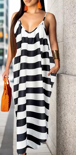 Image of Women's Casual Summer Maxi Dresses Sleeveless Adjustable Spaghetti Strap Loose Plus Size Dresses