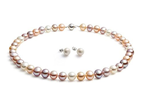 VN JewelryTreasureBay Women's Multi-Colour Freshwater Pearl Necklace and Stud Earrings Set