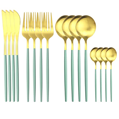 Juego De Cubiertos De 16 Piezas, Cuchillo, Tenedor, Cucharas De Café, Juego De Vajilla, Vajilla De Acero Inoxidable,Oro Verde Menta