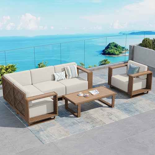 Image of SUNSHINE VALLEY Patio Furniture Set, 6 Pieces Outdoor Sectional Yellow Rattan Wicker Sofa with 10''Ultra-Thick Cushions, L Shaped Modular Conversation Set for Lawn Garden Backyard