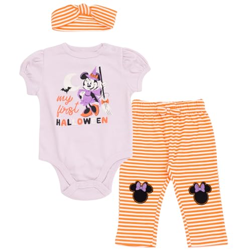 Disney Minnie Mouse Baby Girls First Halloween Short Sleeve Glitter Creeper and Leggings Outfit with Headband Purple Minnie Mouse 3-6 Months