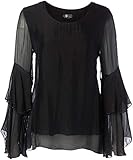 Durchscheinende Ärmel M Made in Italy Damen Women\'s Missy Crewneck Draped Sleeves Top Hemd, schwarz, Groß