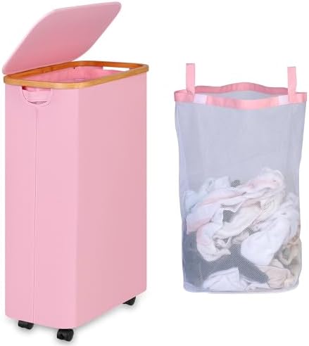 75L Laundry Basket with Wheels,Clothes Hamper for Laundry,Laundry Hamper with Lid and Inner Bag, for Laundry Room, Bedroom, Dormitory Storage,Pink