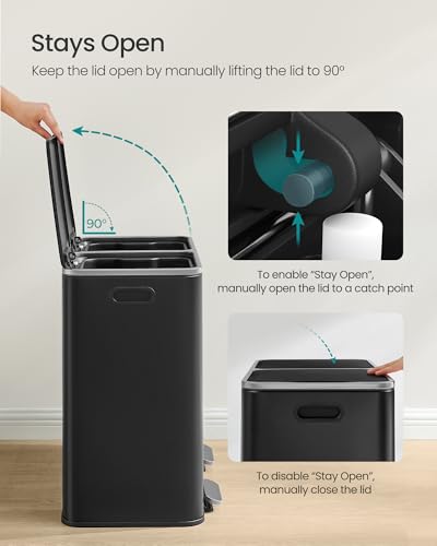 Image of SONGMICS Trash Can, 2 x 10.6 Gallon (2 x 40 L), Black | With 15 Trash Bags, 2 Compartments, Plastic Inner Buckets and Hinged Lids, Airtight, ULTB730B80