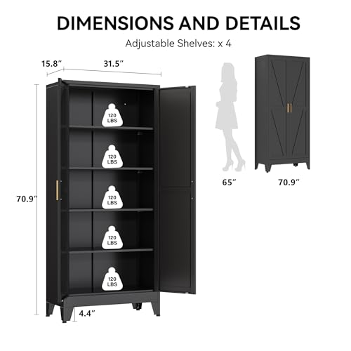 Image of COFaR 71 inch Modern Pantry Cabinet in Black, 5-Tier Storage Cabinet with Adjustable Shelves, Industrial Steel Cupboard for Kitchen, Office & Living Room Organization