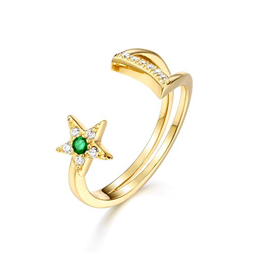 Bague Lune Étoile Émeraude argent plaqué or KnSam, bijou femme chic ajustable de style bohème