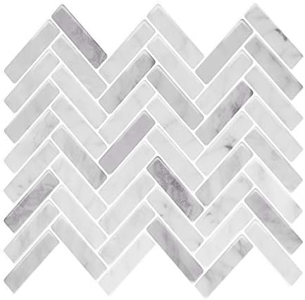 Thicker, WalDecoo Marble Herringbone Peel and Stick Backsplash Tiles, 10-Sheet Stick on Self-Adhesive Tile, Marble Peel and Stick Tiles for Kitchen and Bathroom（12" × 12"）