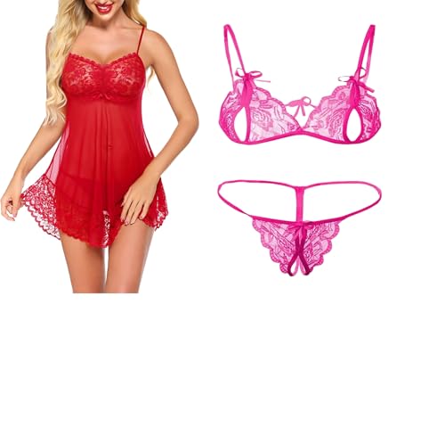 Image of SSoShHub Lace Babydoll Lingerie Sexy Mini Chemise Mesh Wedding Nightie Bridal Nightdress with Bikini