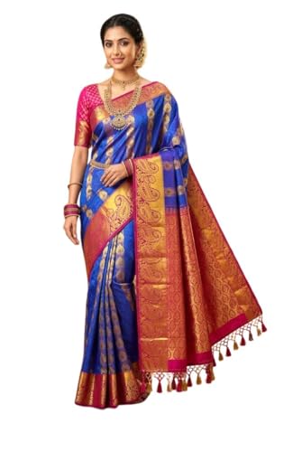 SREE KUMARAN Traditional Handloom Kanchipuram Silk Pure Pattu Sarees Unstitched Blouse (VSK351-1), Green,Gold