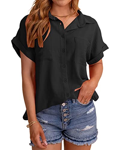 MaQiYa Womens Short Sleeve Button Down Shirts Casual Loose Fit Summer Shirt Blouses Tops with Pockets2