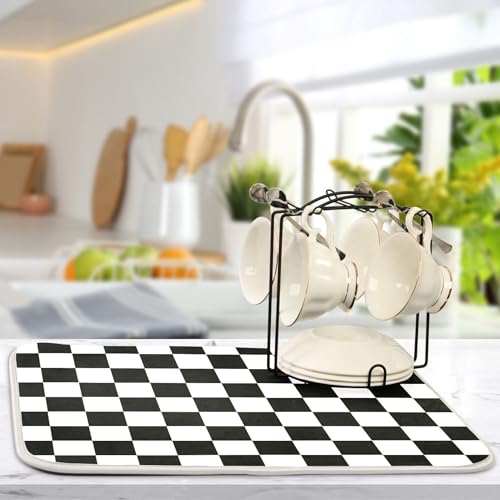 Black White Chessboard Dish Drying Mat for Kitchen Countertop 16x18 Plaid Checkered Rectangle Small Drying Mat Reusable Quick Dry Dish Sink Absorbent Mats Easy Clean Decorative Home Essentials by Wamika - Used condition - Image 5
