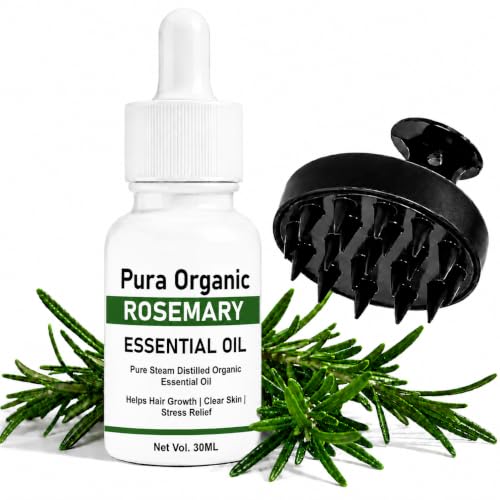Image of Pura Organic Rosemary Essential Oil 30ml with Silicone Scalp Massager | Pure Steam Distilled Rosemary Oil | Hair & Scalp Care for Men & Women | Aromatherapy | DIY Hair Care | Natural Essential Oil | Combo Pack