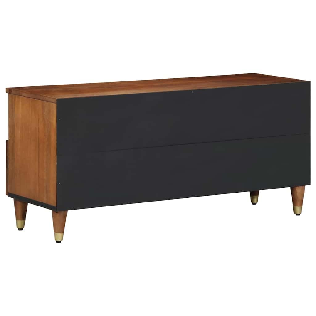 Mobile TV marrone miele in legno massello di mango 100 x 33 x 46 cm con cassetto, vano portaoggetti e bottoni in ottone per soggiorno home cinema e dispositivi multimediali