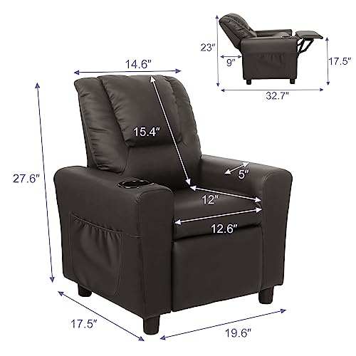 GNMLP2020 Kids Recliner Chair with Cup Holder and Side Pocket, Toddler Recliner Chair with Adjustable Footrest, Small Recliner for 0-5, PU Leather - Brown - Thumbnail 3
