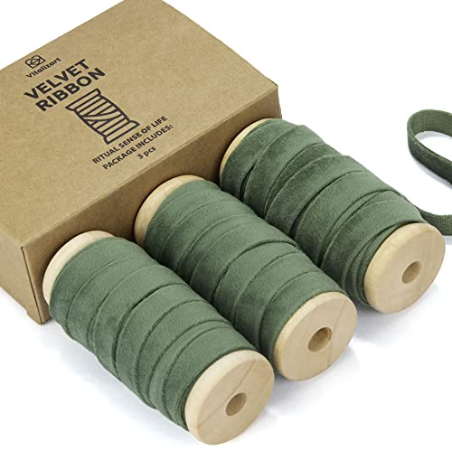 Vitalizart Green Velvet Ribbon Set 3/8" x 5Yd x 3 Rolls, Wooden Spool