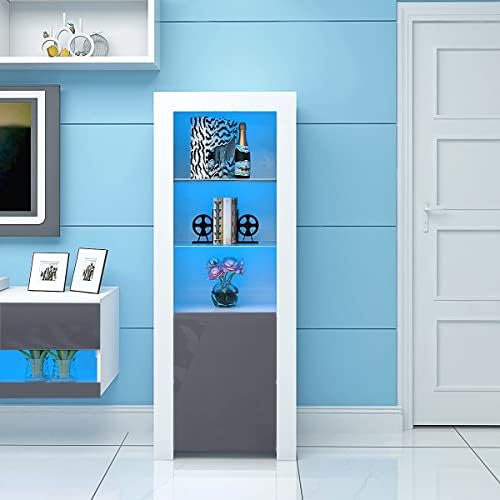 Panana High Gloss Tall Display Cabinet Wood Cupboard Sideboard Free Standing Storage Unit with Glass Shelves Door Blue LED Lights Living Room Grey and White