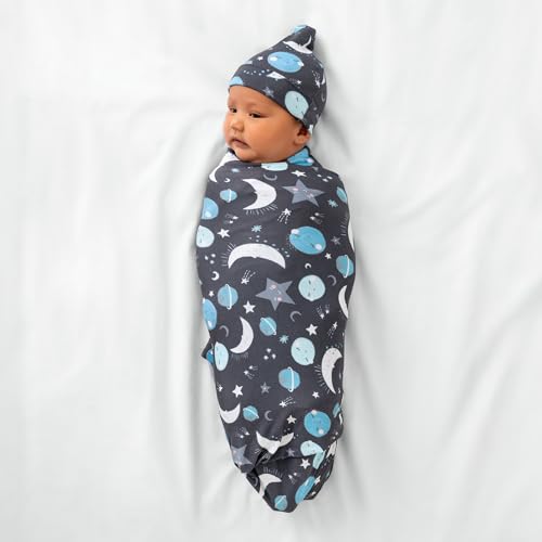 Image of Little Sleepies Swaddle & Hat Set, Baby Swaddles Newborns, Soft Viscose from Bamboo Swaddle Blanket Wrap (Blue to the Moon & Back)