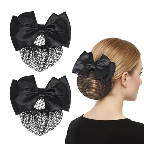 2 Pcs Hair Snood Net, Women's Bun Cover Hairnet Satin Bow Barrette French Clips Ribbon Flower Hair Accessories for Women Stewardess Banks Hotels Restaurant Staff (Black)
