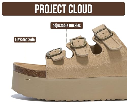 Image of Project Cloud 100% Genuine Leather Platform Sandals Women Footwear - Comfortable Womens Slides Memory Foam Insole - Non Slip Water-Resistant 3-Strap Wedge Sandals for Women 2026