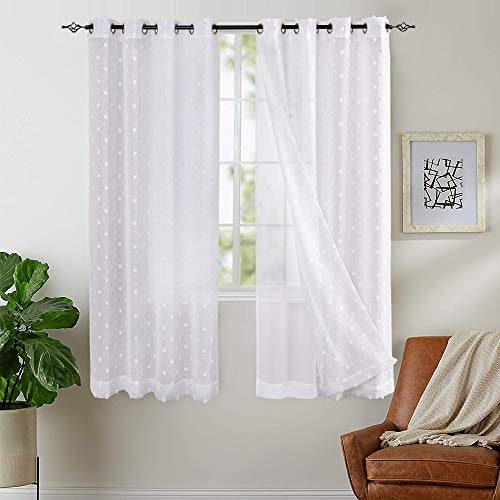 jinchan White Sheer Curtains with Pom Design for Living Room Grommet Top White Sheer Overlay Bedroom Window Treatment Sets 2 Panels 63 inch