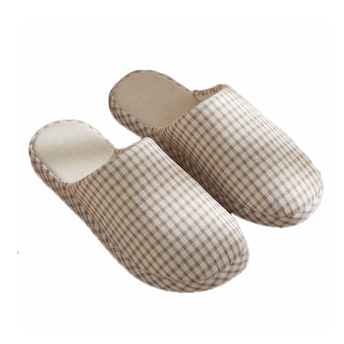 JadeRich Women Men Linen Cotton House Slippers Gingham Plaid Breathable Non-Slip Checkered High Density Sole Indoor Shoes