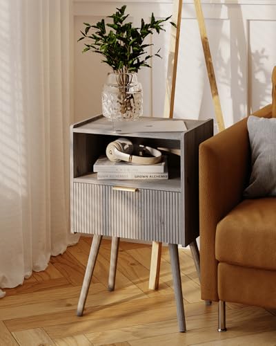 Image of Nightstand,Modern Bedside Table with Storage Drawer and Open Wood Shelf, for Living Room, Bedroom and Small Spaces, Accent Night Stand with Solid Wood Legs, Easy Assembly,Grey Oak