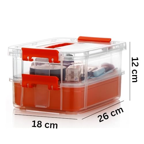 Image of plastic boxes for Storage transparent boxes, Portable & Stackable Space Saving Organiser with Lid for, Jewelry, Arts & Crafts, Buttons, Beads (Red, 2 TIER WITH 1 TRAY)