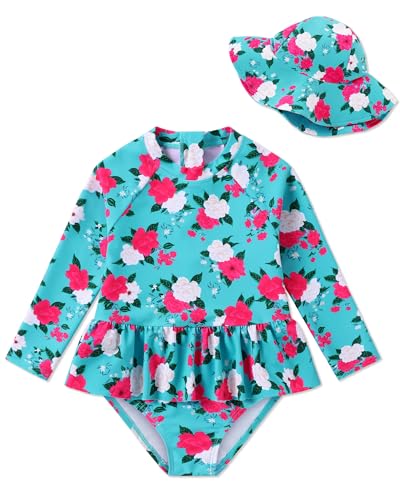 Image of Redair Toddler Girls One Piece Swimsuit Long Sleeve Bathing Suit with Hat UPF 50+ Sun Protection 1-5T