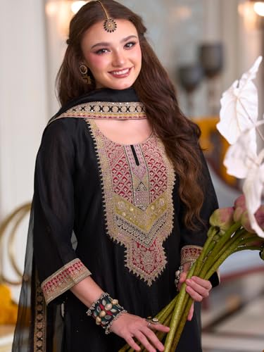 Image of INDO ERA Women's Silk Blend Ethnic Motifs Embroidered A-Line Kurta & Pant with Dupatta Set (IEOUT12371)