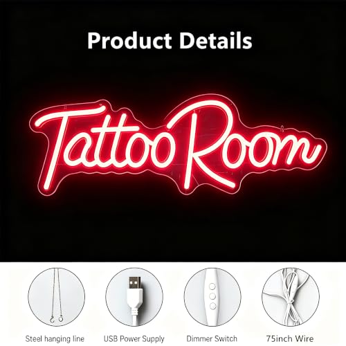 Image of Tattoo Salon LED Neon Sign | 16.5x5.8 Inch Dimmable Wall Decor Light USB Powered Shop Window Light Up Sign, Gifts for Tattoo Artists