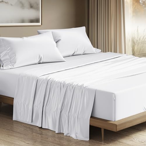THREAD SPREAD 100% Egyptian Cotton Queen Sheets Set - 1200 Series Plush Collection Luxury Egyptian Cotton Sheets Queen Size Deep Pocket (4 PC, White), Soft, Cooling, Sateen Weave Sheet Set