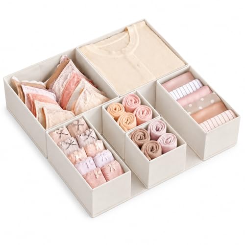 Primovate Drawer Organiser Set with Dividers Multiple Compartments Underwear Bra Socks Storage Boxes Grey and Beige (Beige)