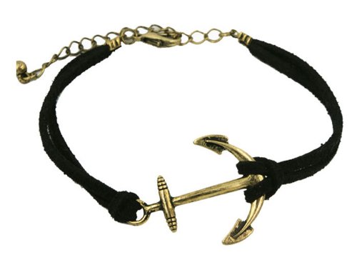 Vintage Bronze Anchor Bracelet Black Leather Rope Bangle Punk Style Simple Charm