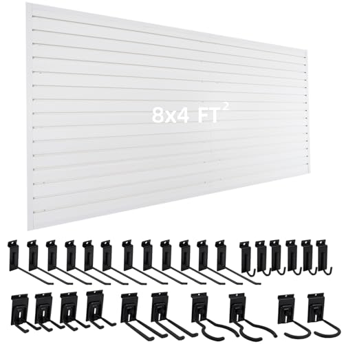 Slatwall Panels 4x8 ft with 28 Garage Hooks Heavy Duty, PVC Slat Wall Paneling Garage Organizers and Storage Utility Rack Heavy Duty, Garage Slatwall for Tool Organization Peg Board