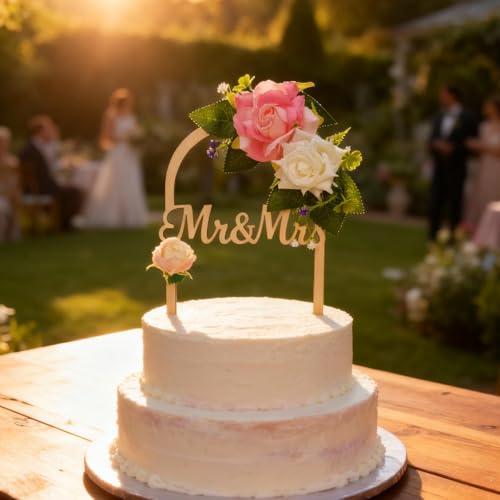 Mr & Mrs Handcrafted Wooden Wedding Cake Topper with Floral
