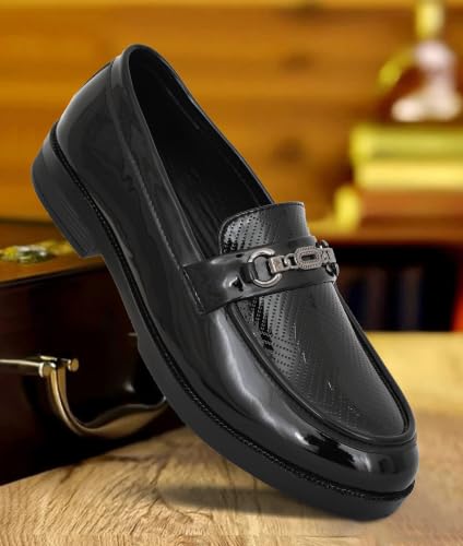 Image of VELTRIX Men's Premium Patent Leather Finish Formal Loafers | Horsebit Buckle Slip-On Shoes | Comfortable Office, Party, Wedding & Business Dress Shoes Aldo DIY Patent