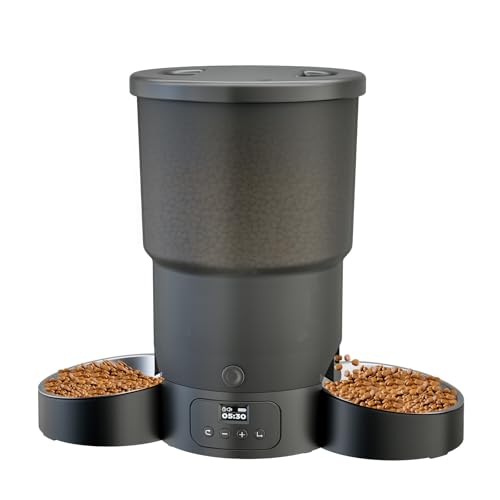 Gimars 5L Distributore Automatico Cibo Gatti 2 Ciotole in Acciaio Inossidabile, Distribuzione Uniforme, Dispenser Crocchette Gatti e Cani Programmabile da 1-6 Pasti al Giorno, Registrazione Vocale 10s