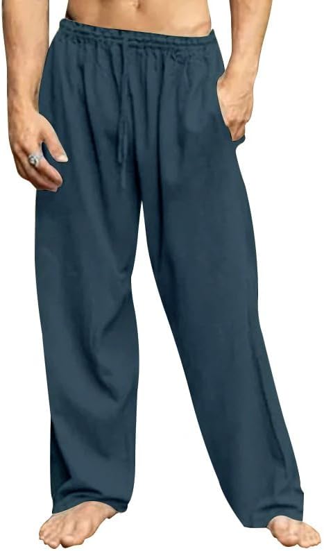 - Men Straight Legs Pants Linen Cotton Elastic Drawstring Lightweight Spring Sweatpants Casual Loose Fit Trousers