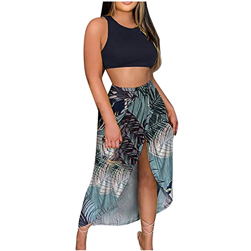 Womens Sexy Casual 2 Piece Midi Dress 2022 Plain/Floral Outfits Sleeveless Tank Crop Top Bodycon Skirts Set #TOP8