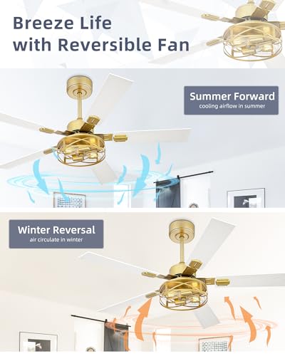 Image of YOUKAIN 48 Inch Ceiling Fans with Lights, Farmhouse Ceiling Fans with Wall Switch and Remote Control, 5-Reversible, Gold Finish, Outdoor Ceiling Fan for Cover Patio, 48-YJ632-GDW-WS
