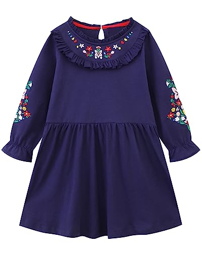 Image of Girls Cotton Long Sleeve Casual Cartoon Appliques Striped Jersey Dresses