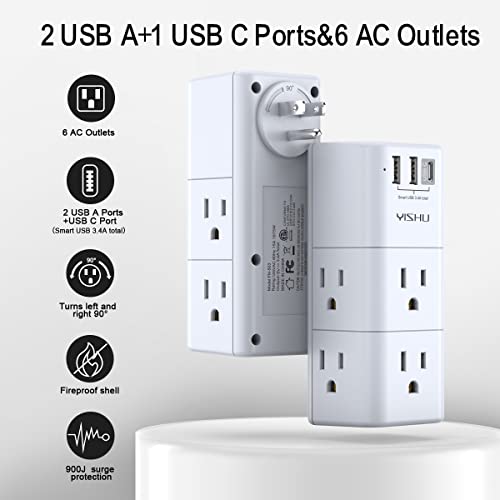 Usb Multi Plug Outlet Extender - Yishu Surge Protector With Rotating Plug, 6 Ac Plug Extender With 3 Usb Ports, 3-Sided Swivel Power Strip With Spaced Outlet Splitter For Home, Office, Travel #TOP1
