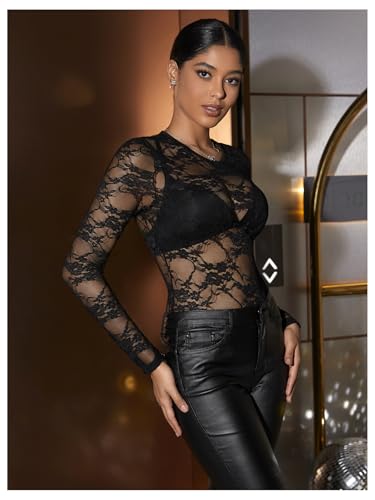 Floerns Women's Contrast Lace Long Sleeve See Through Blouse Tops Without Bra4